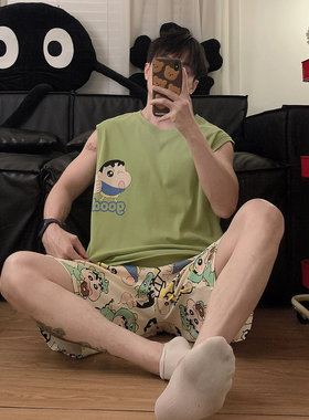 夏季纯棉无袖背心睡衣男卡通动漫恐龙小新宽松大码青年坎肩家居服