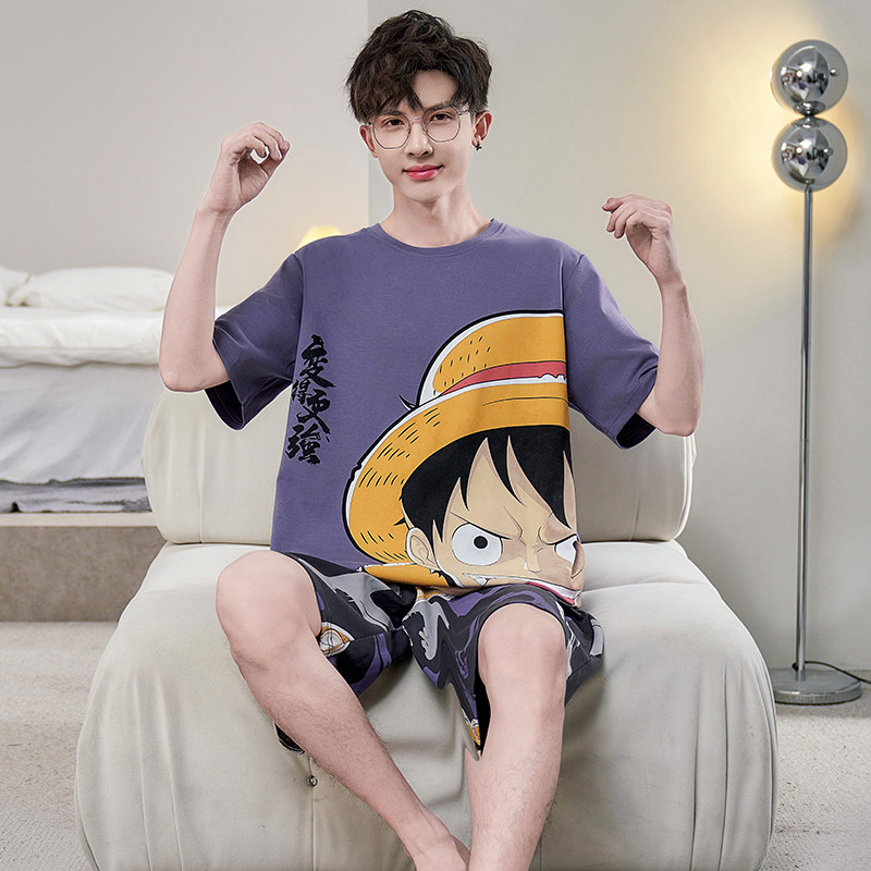 夏季纯棉短袖睡衣男士青年动漫卡通草帽小子路飞宽松大码家居服秋