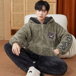 法兰绒男士睡衣冬季卡通绿底耿鬼加厚珊瑚绒宽松大码连帽拉链套装