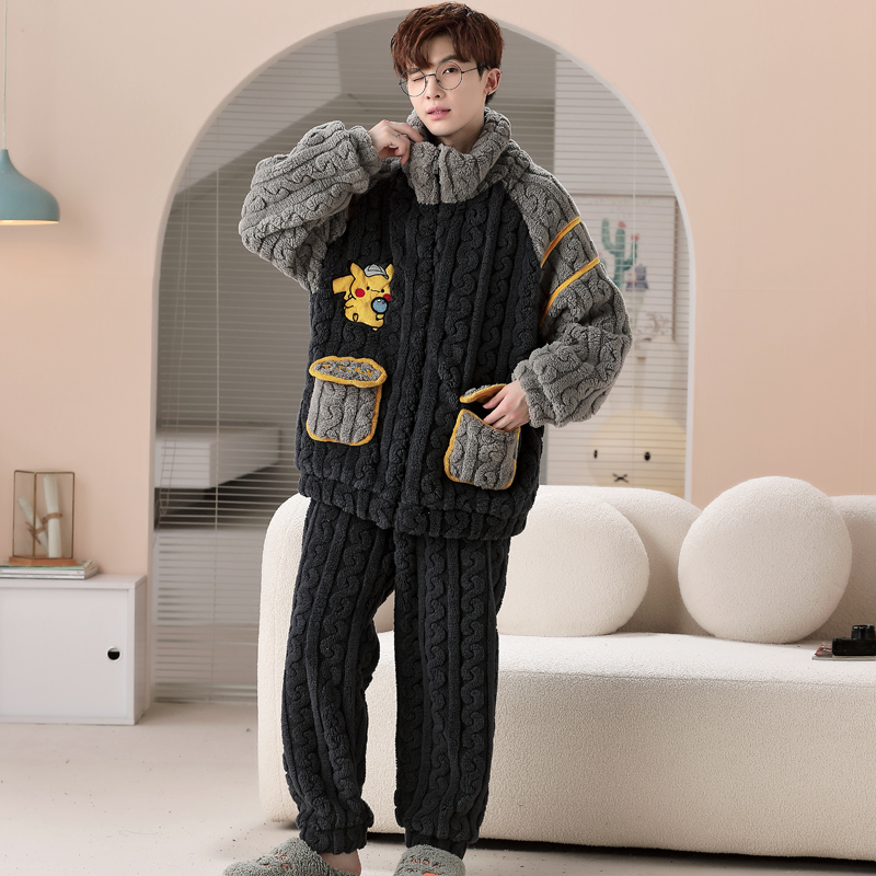 男士法兰绒高领拉链长袖睡衣