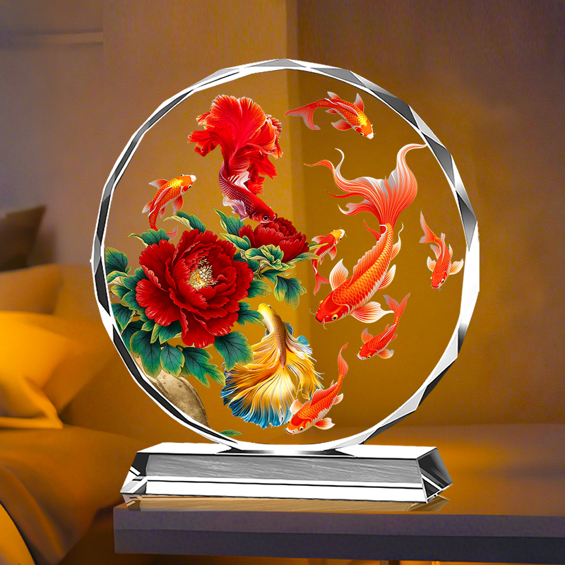 九鱼聚财图花开富贵牡丹花摆件