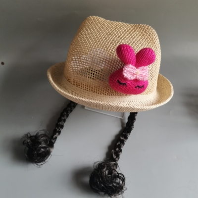 儿童防晒遮阳帽草帽女宝宝假发帽子一体太阳帽可爱超萌夏季2-4岁