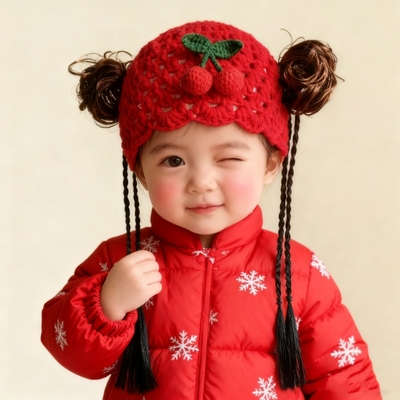 女宝宝假发帽子公主春秋小辫子可爱胎帽婴儿帽子红色周岁宴喜庆