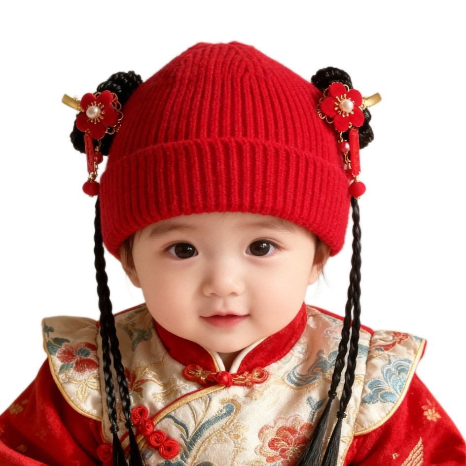 女宝宝假发帽子秋冬婴儿毛线帽可爱周岁礼1-2-3岁红新年喜庆国风