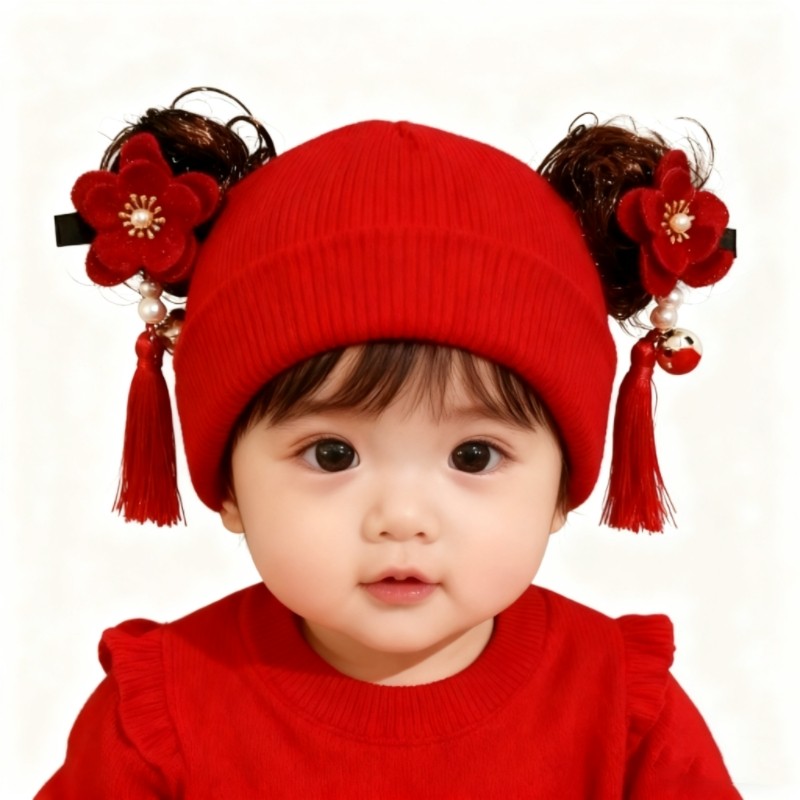 婴幼儿假发帽子女宝宝新年帽秋冬喜庆中国风护耳红色毛线帽0-1岁,童装/婴儿装/亲子装,帽子,淘宝优惠券,粉丝福利购,淘宝优惠卷