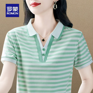 纯棉短袖 2025新款 罗蒙品牌时尚 T恤女夏季 上衣 时尚 百搭条纹妈妈装