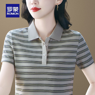 罗蒙品牌条纹短袖 t恤女夏季 2025新款 妈妈宽松洋气上衣翻领Polo衫