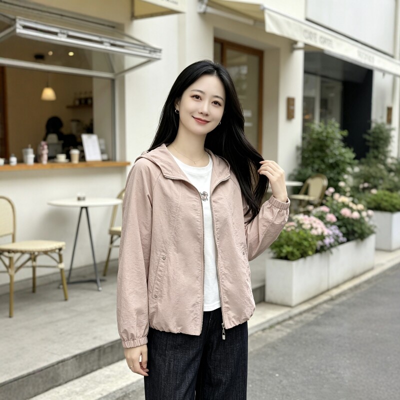 丹同款 琳丹乐2026秋装新品粉色连帽风衣外套女宽松休闲百搭69009