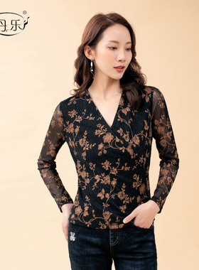 琳丹乐秋冬性感修身打底衫 洋气网纱V领上衣碎花女士短款220653