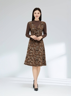 琳丹乐2024新品咖啡棕假两件提花连衣裙49017