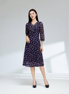 琳丹乐2024新品深蓝花网纱连衣裙49065