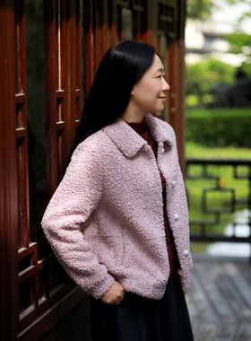丹同款 琳丹乐2025冬季新款粉紫色毛绒外套59098搭枣红打底58524