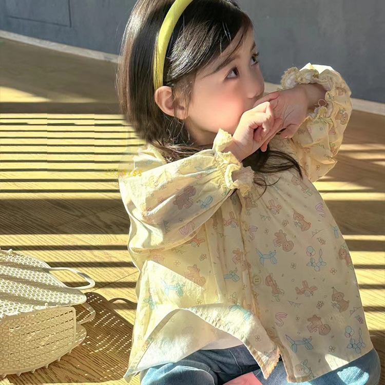 韩国童装2024春夏季女童卡通长袖衬衫小女孩休闲纯棉衬衣宝宝上衣