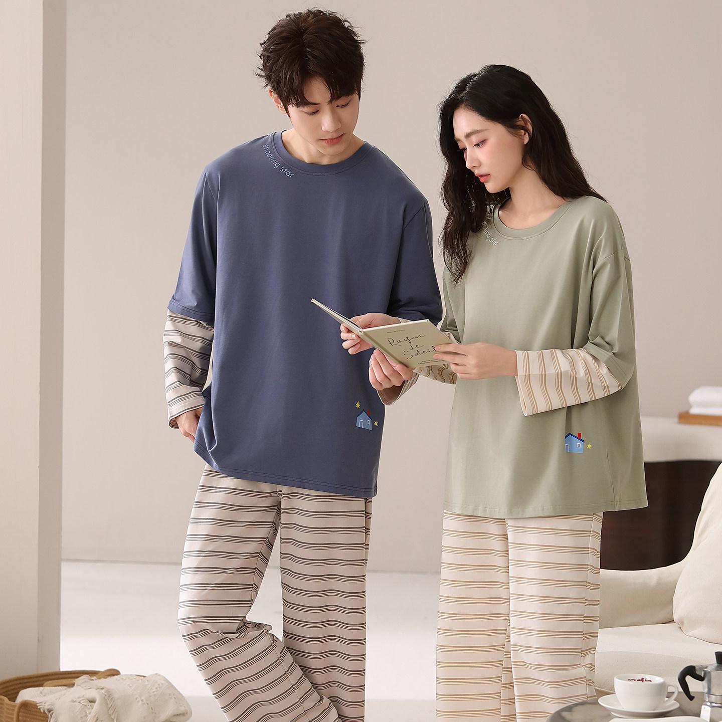 圆人情侣纯棉长袖男春秋季套头大码条纹拼接睡衣女套装舒适家居服