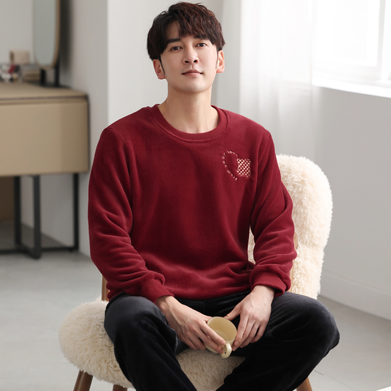 圆人男士法兰绒套头睡衣秋冬