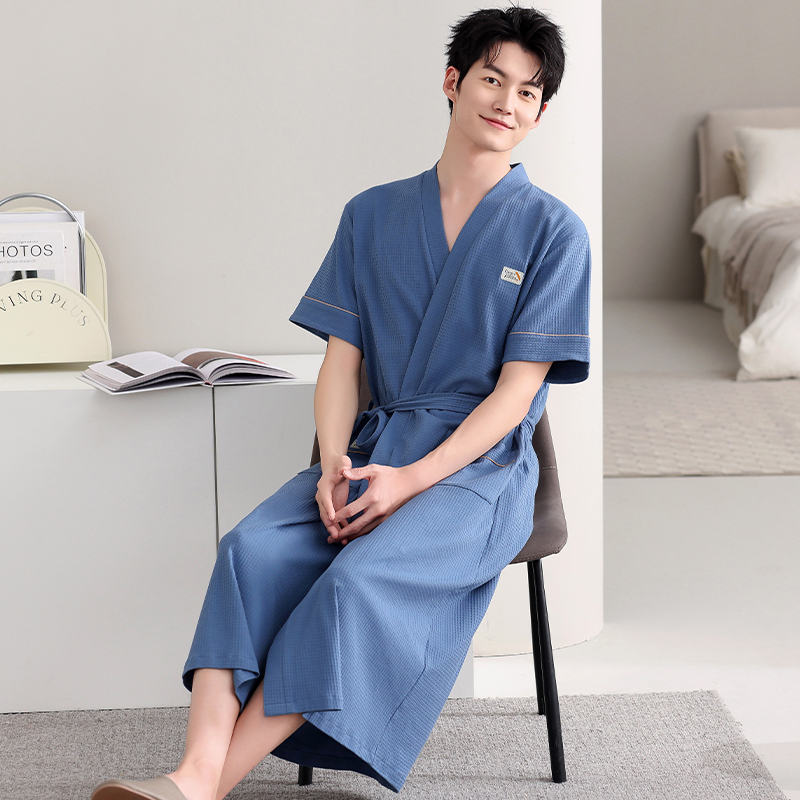 睡袍男士夏季纯棉薄款短袖中长款大码和服浴袍男款长袍睡衣家居服