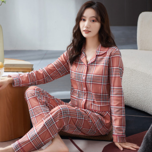 纯棉长袖 格子可外穿家居服套装 2026新款 大码 开衫 圆人睡衣女春秋款