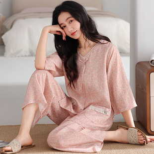 中老年家居服套装 七分袖 春夏大码 圆人碎花莱赛尔棉睡衣女2026新款