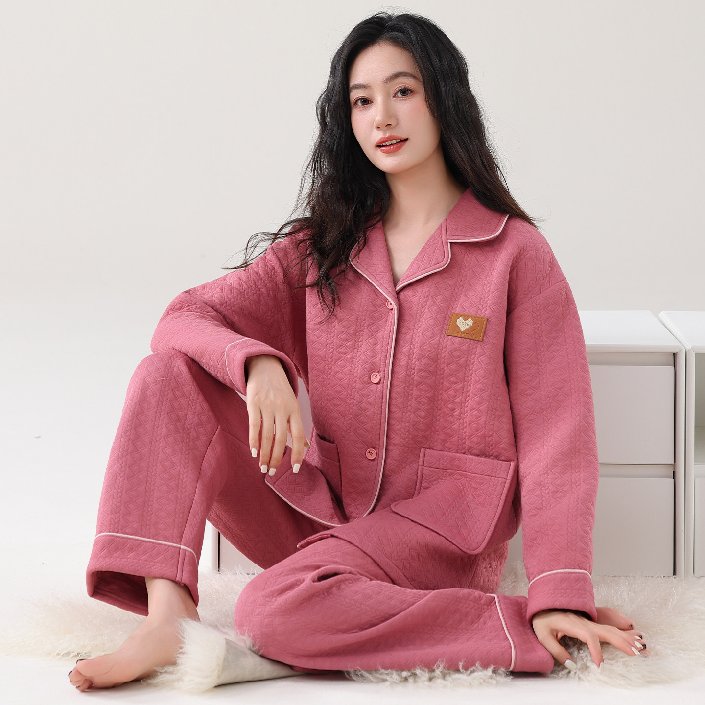 圆人女士睡衣秋冬款纯棉薄夹层家居服中老年新款保暖空气棉两件套