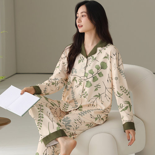 圆人睡衣女春秋纯棉长袖休闲套装