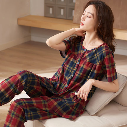 圆人睡衣女士夏纯棉短袖长裤两件套2026大码中老年妈妈家居服套装