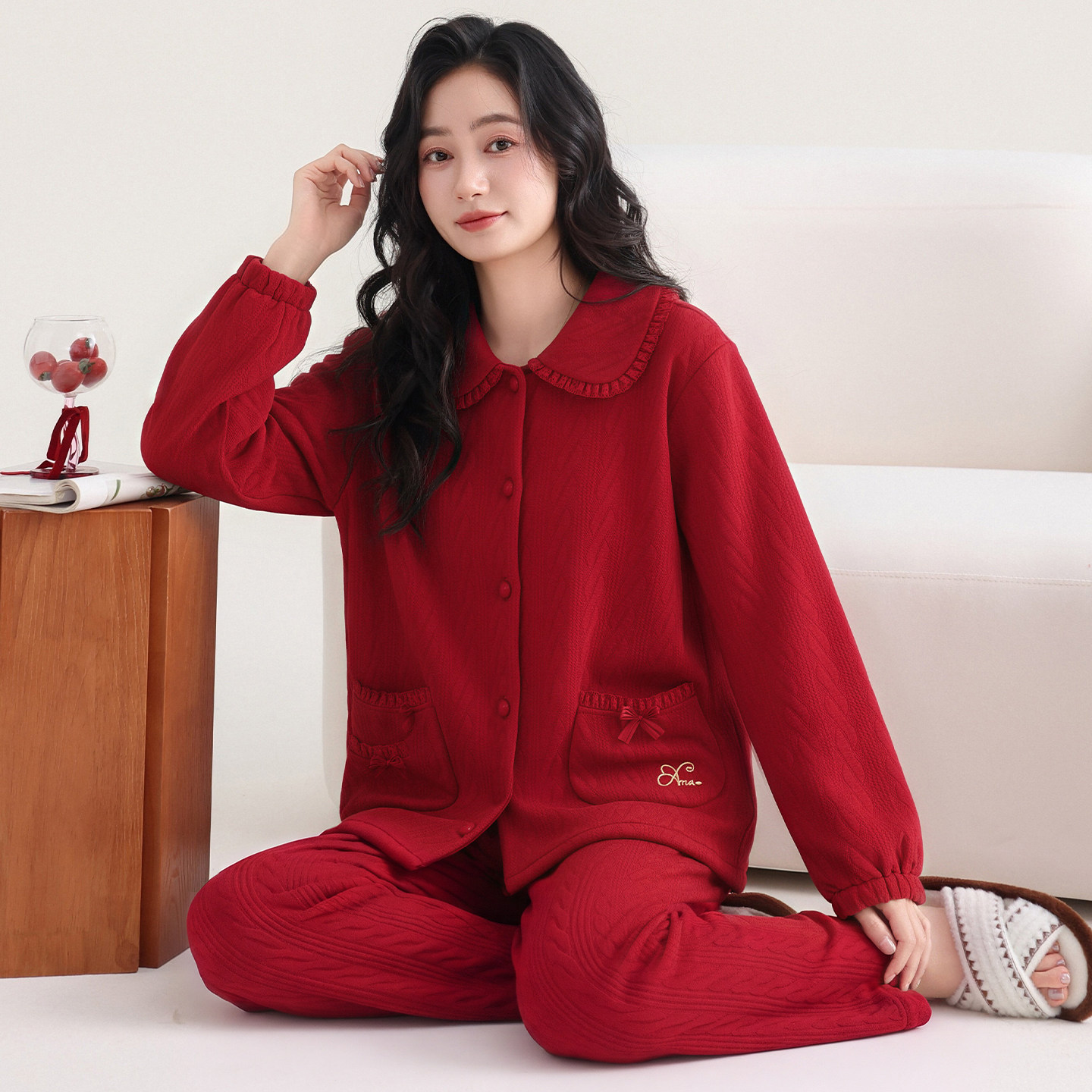 圆人红色睡衣女秋冬纯棉夹层保暖大码空气棉本命年薄款家居服套装