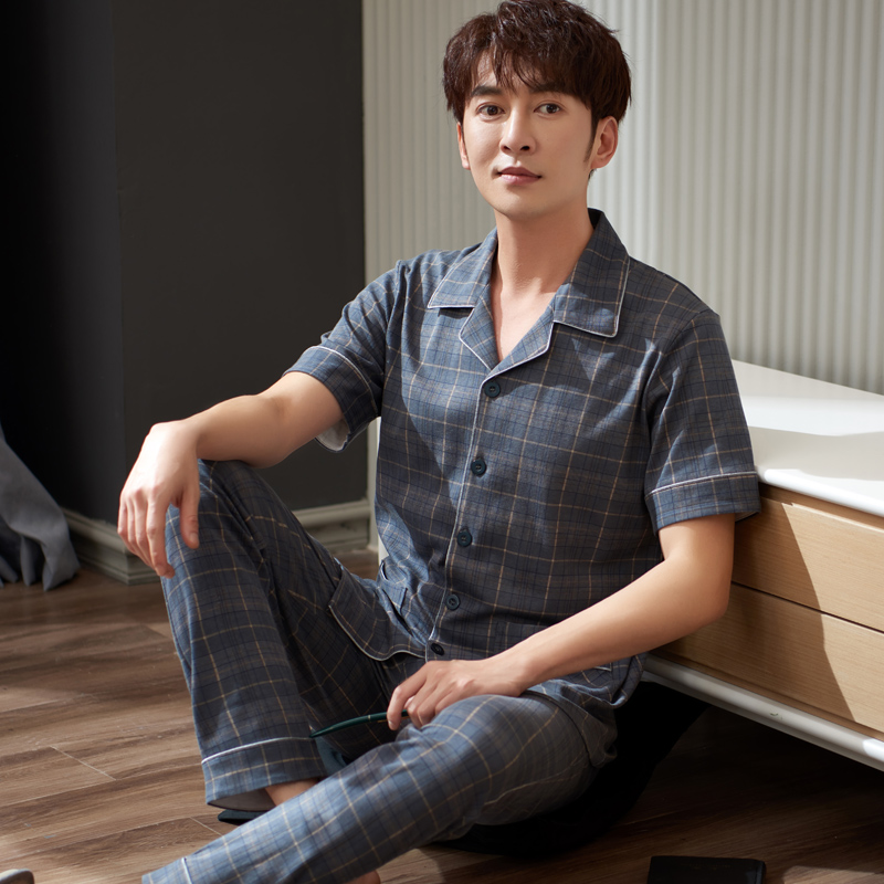 圆人睡衣男夏纯棉短袖长裤两件套2025新款薄款开衫格子家居服套装