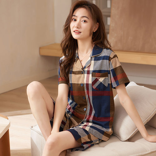 圆人睡衣女夏纯棉短袖短裤家居服