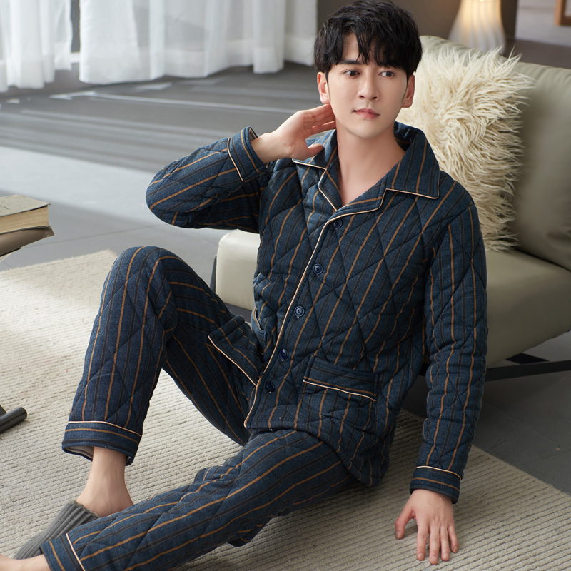 圆人睡衣男秋冬加厚纯棉夹棉套装