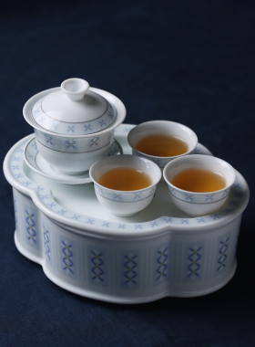 潮汕海棠茶船旅行茶具复古麦穗花釉下彩存水小茶盘陶瓷便携办公