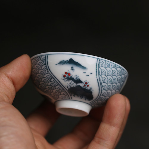 国画复古釉下彩陶瓷中式薄透碗杯