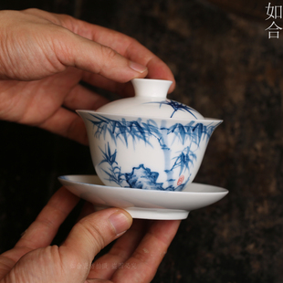 大容量 高温釉下彩手绘兰彩竹石陶瓷盖碗茶三才碗三件套190毫升