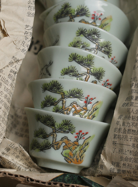 老潮州松鹤六角功夫茶杯 浮雕高温釉下彩小品茗茶具工夫绿色陶瓷