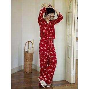 莫代尔睡衣女春秋季套装秋季红色高级感长袖长裤家居服