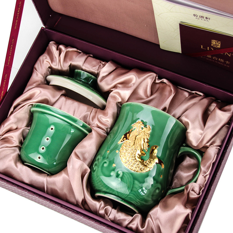 乾唐轩鎏金陶瓷复古带盖茶杯