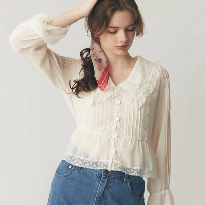 DEICY日系优雅蕾丝褶雪纺衬衫