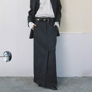 日代 Plage Stripe Skirt 25AW 日本制羊毛混纺竖条纹开叉半身裙