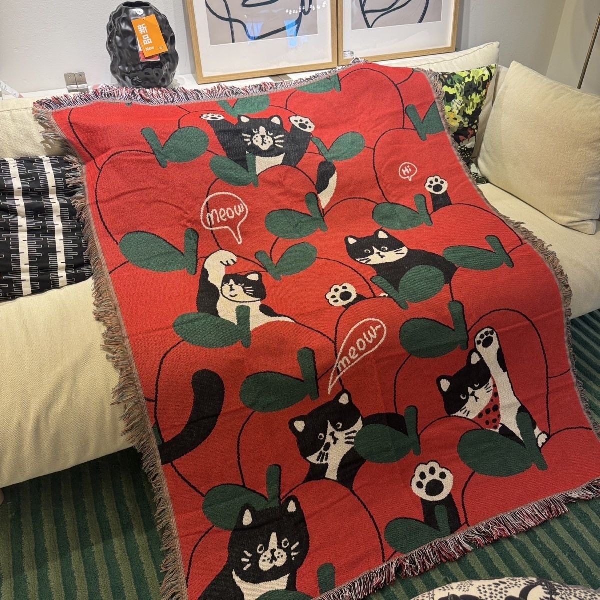 跨境出口一无是处红色喜庆小猫咪挂毯高级感沙发毯床盖布巾露营毯,居家布艺,挂毯/壁毯,淘宝优惠券,粉丝福利购,淘宝优惠卷