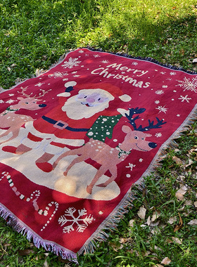 跨境MerryChristmas加厚红色圣诞线毯沙发巾节日装饰布置氛围挂毯