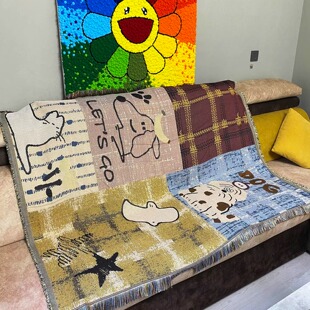 跨境外贸复古一无是处中古风格纹小狗艺术装饰挂毯沙发毯针织盖毯