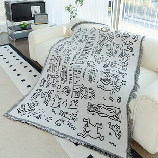 跨境一无是处中古风涂鸦小狗艺术挂毯沙发毯针织盖毯装饰露营毯子