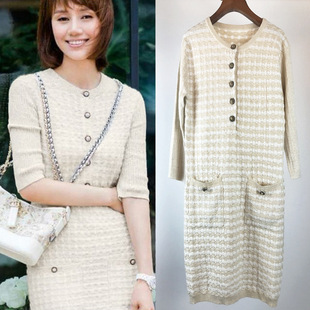 2025通勤针织裙单排扣圆领五分袖修身显瘦针织连衣裙女袁泉同款