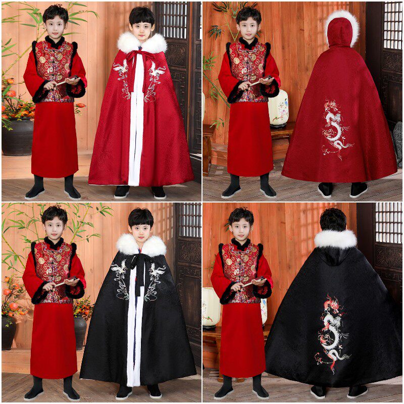 儿童汉服斗篷冬款加绒加厚男童拜年服中国风唐装冬季外出防风披风