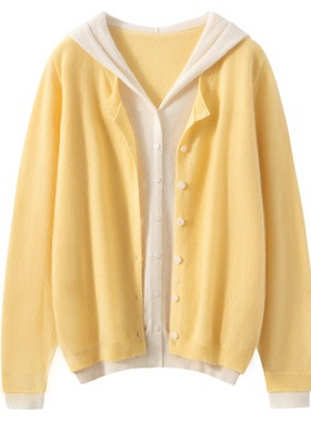 100%纯山羊绒衫女连帽假两件开衫宽松针织外套黄色