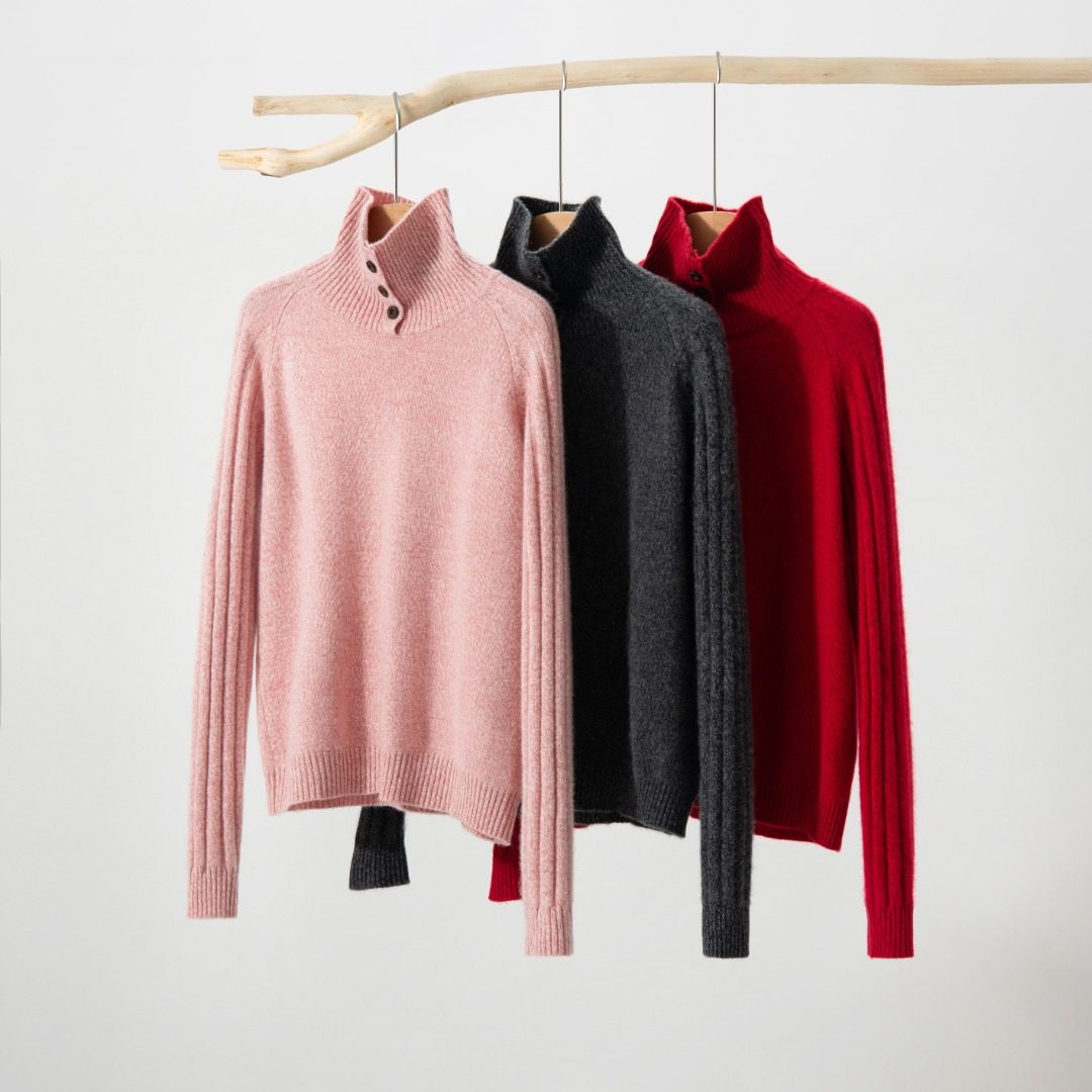 高领纽扣加厚羊绒衫女长袖百搭休闲慵懒风针织衫上衣套头秋冬保暖,女装/女士精品,羊绒衫,淘宝优惠券,粉丝福利购,淘宝优惠卷