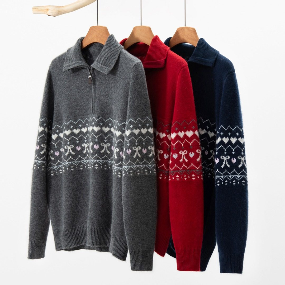 费尔岛风半拉链翻领羊绒衫女宽松显瘦提花针织毛衣,女装/女士精品,羊绒衫,淘宝优惠券,粉丝福利购,淘宝优惠卷