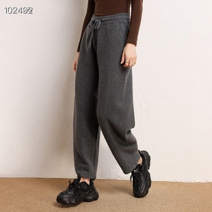 加厚秋冬女士针织裤 显瘦遮肉香蕉裤 纯山羊绒弯刀裤 高腰四平休闲裤