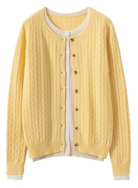 女毛衣麻花纹山羊绒假两件开衫女圆领麻花针织衫黄色通勤毛衣外套