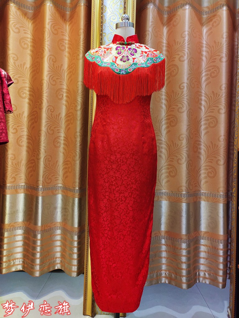 （店内样衣特价款）大红色喜庆婚礼新娘装流苏宴会礼服旗袍裙子