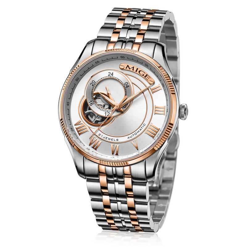 米格手表男士防水全自动机械表精钢带夜光镂空商务时尚男表1287